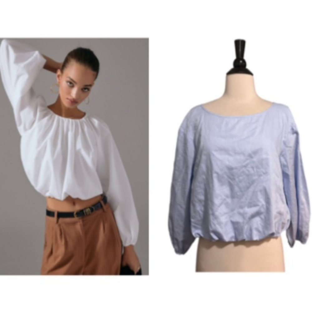 Anthropologie Light Blue and White Balloon-Sleeve Blouse